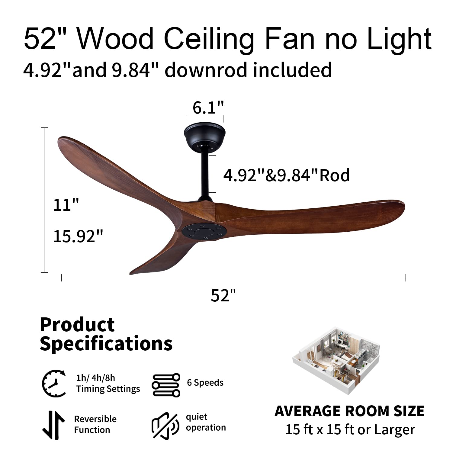 Amazon | FOBLKS 52インチ 寝室用シーリングファン 3枚羽根シーリング